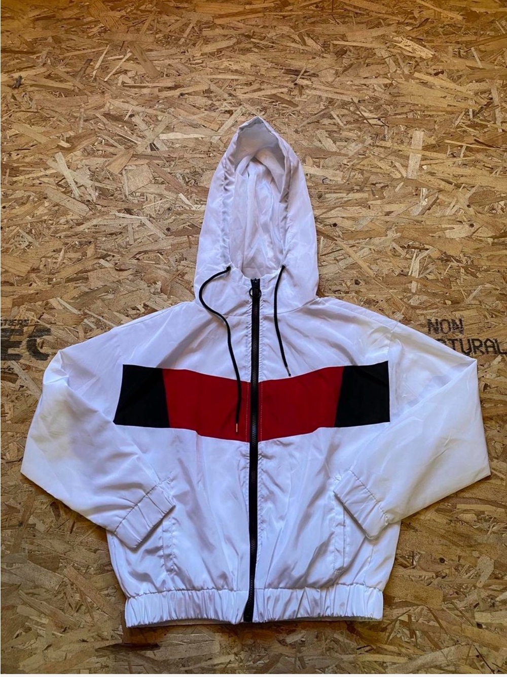 Outer Edge White Hooded Windbreaker with Red & Black Chest Stripe